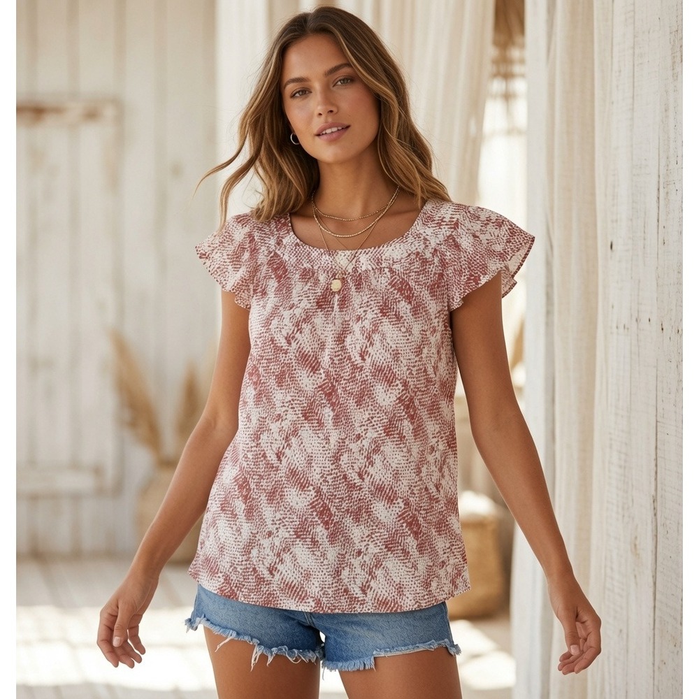 Banana Republic 100% Silk Pink Abstract Print Flutter Sleeve Top Womens Medium